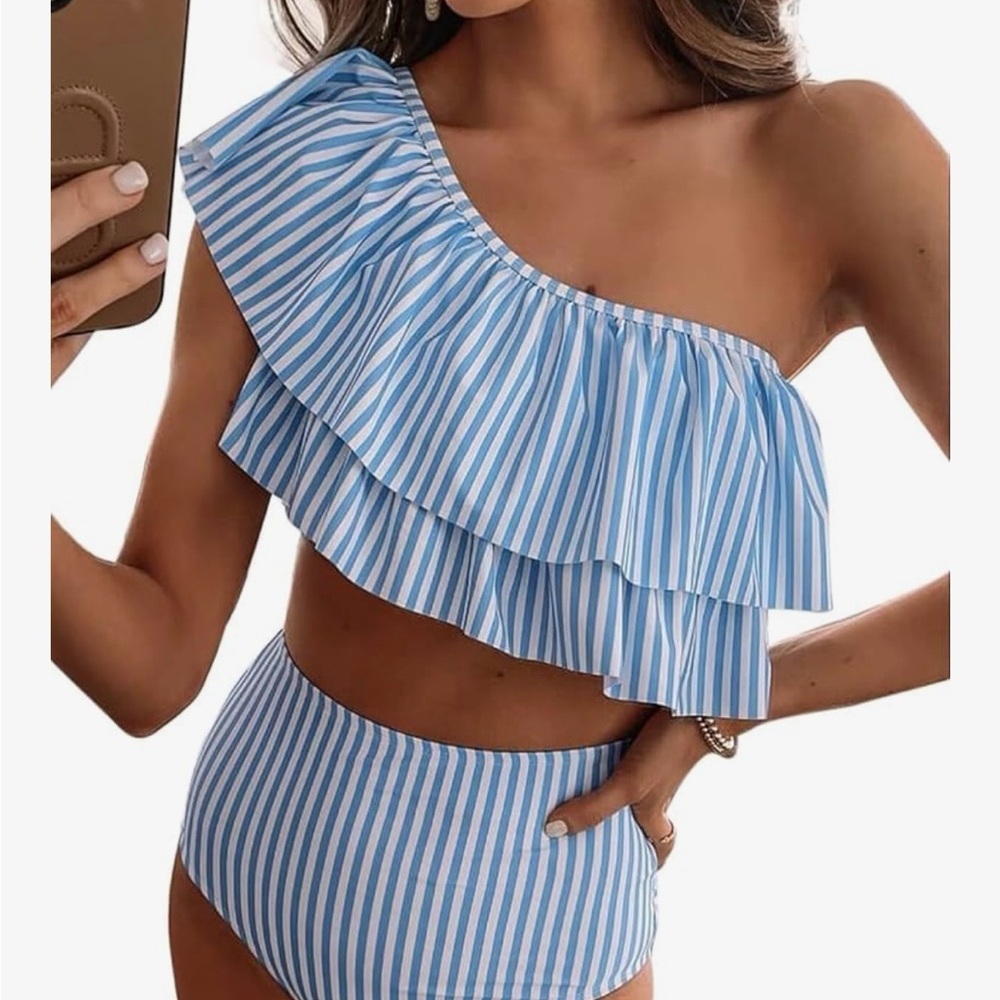 Women’s One Shoulder Ruffle Bikini Set Blue White Striped Sz M